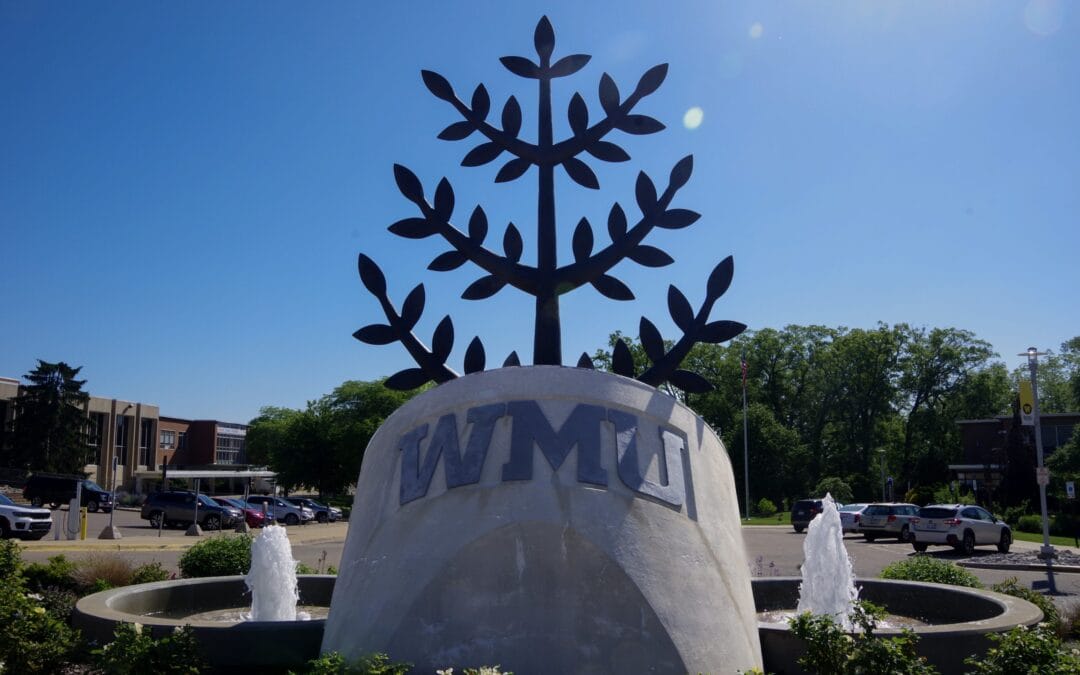 Western Michigan University campus entrance and tree sculpture Western Michigan University campus entrance and tree sculpture