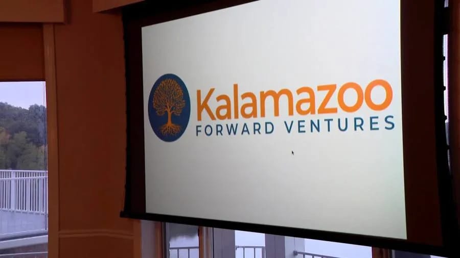 Kalamazoo Forward Ventures logo displayed on a presentation screen