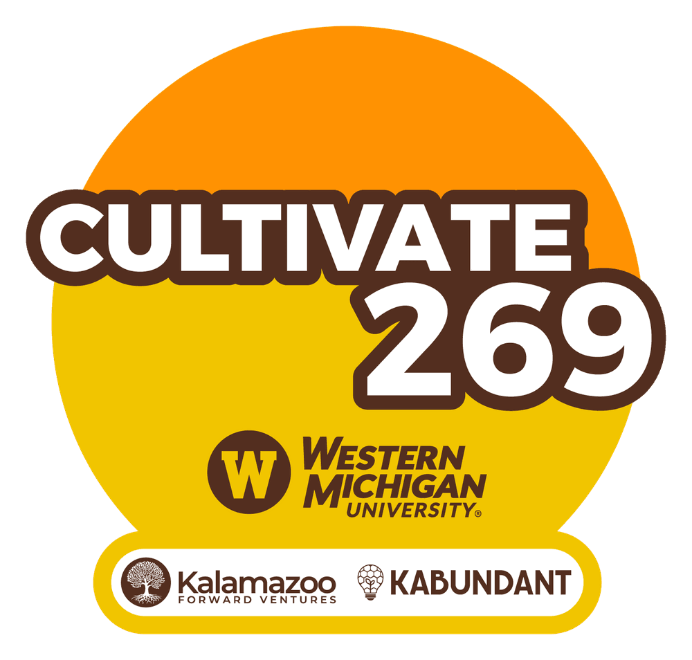 Cultivate 269 logo presented by Western Michigan University with partners Kalamazoo Forward Ventures and KABUNDANT
